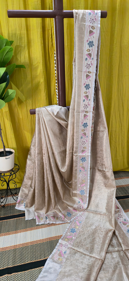 Elegant Gold Tissue Silk Saree with Embroidery Design for Festive and Party Wear