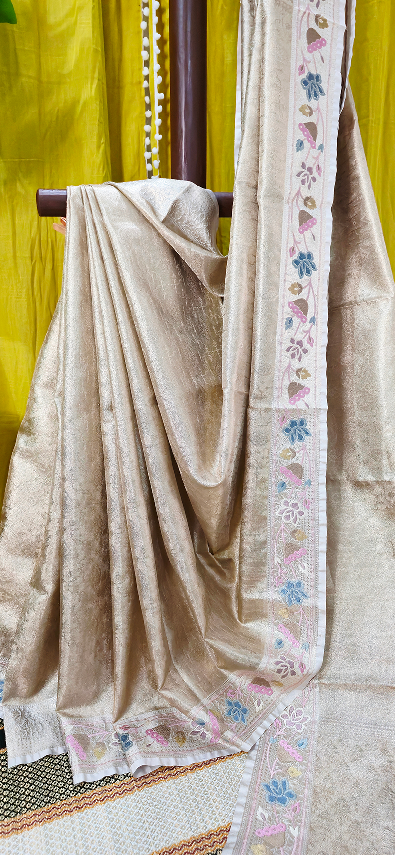 Elegant Gold Tissue Silk Saree with Embroidery Design for Festive and Party Wear