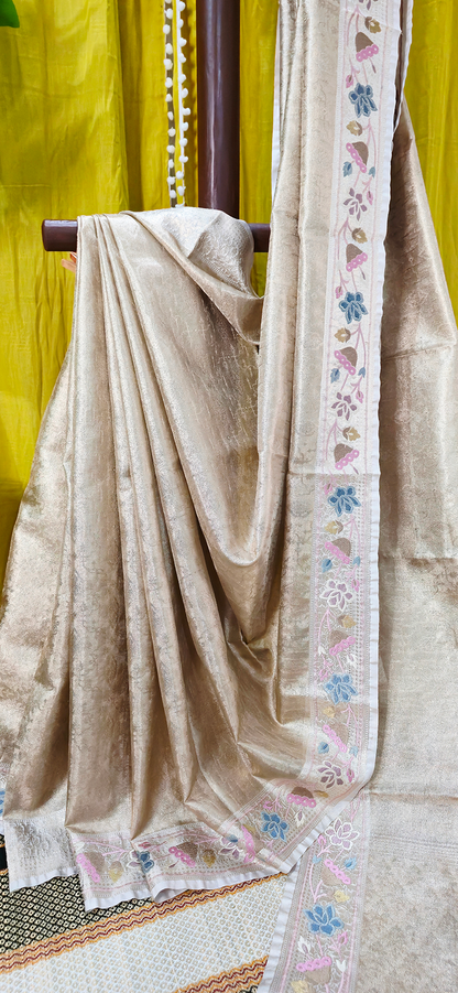 Elegant Gold Tissue Silk Saree with Embroidery Design for Festive and Party Wear