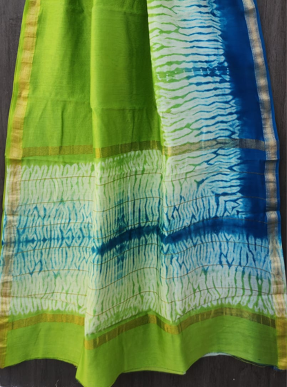 Green & Blue Maheshwari Silk Saree with Shibori-Inspired Pallu