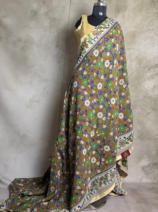 Earthy Brown Kota Cotton Saree with Floral Vine Motifs & Ivory Border