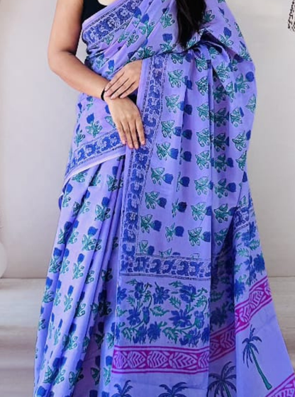 Lavender Cotton Jaipur Bagru Print Saree