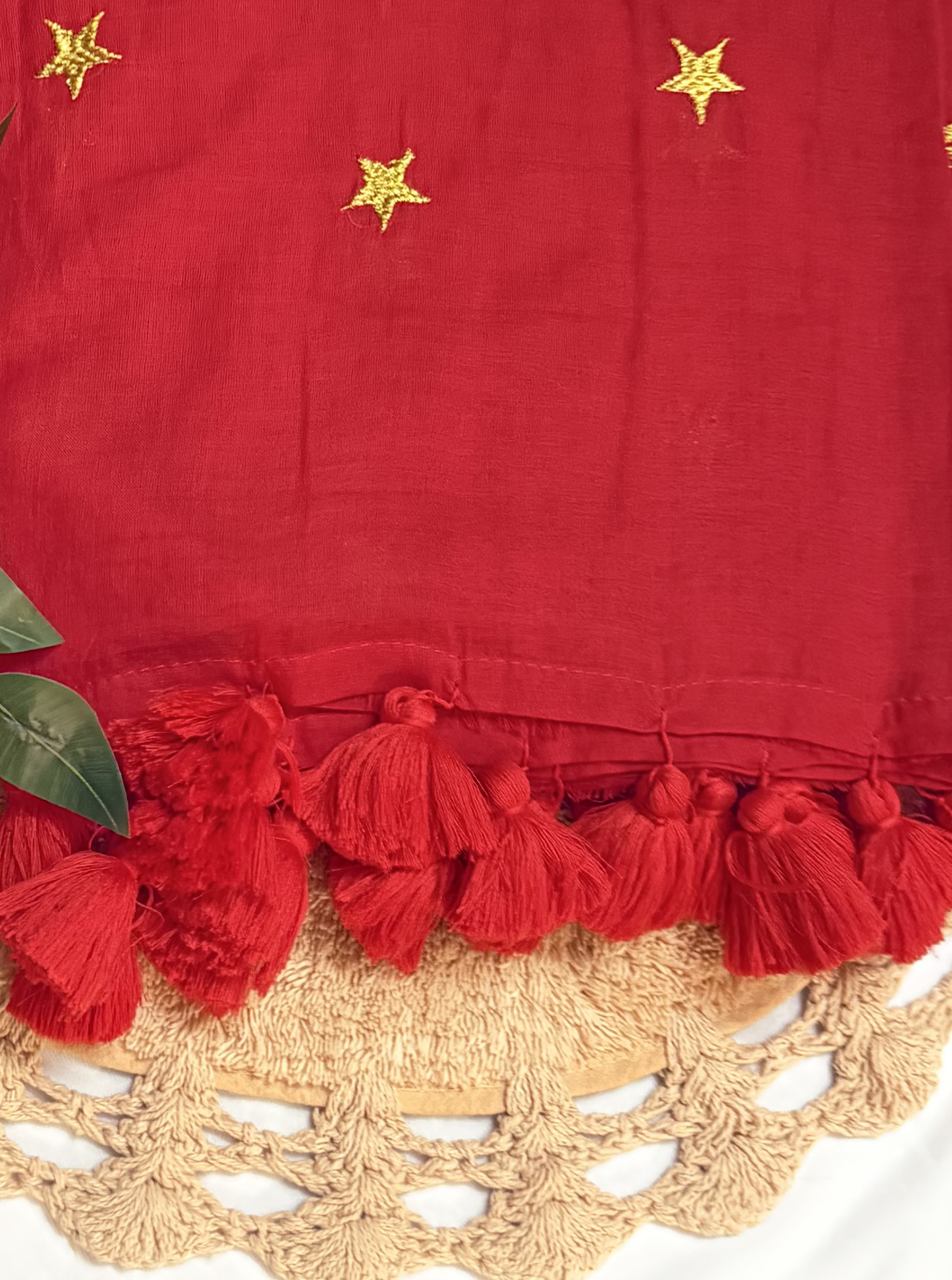 Ruby Red Mul Cotton Saree with Golden Star Butti & Tassel Pallu