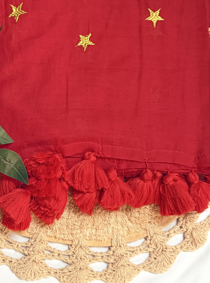 Ruby Red Mul Cotton Saree with Golden Star Butti & Tassel Pallu