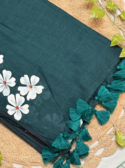 Emerald Green Mul Cotton Saree with White Floral Design & Tassels