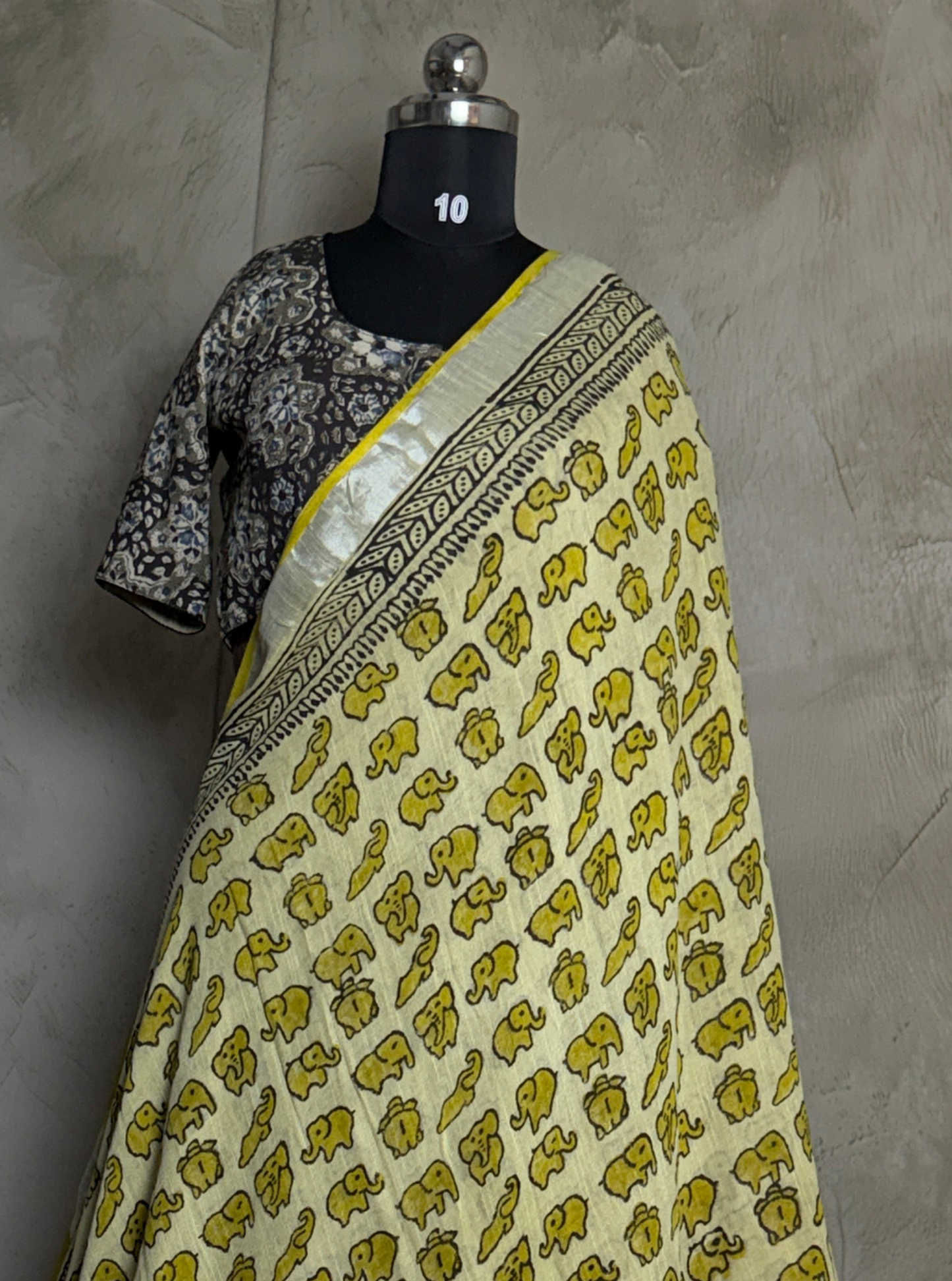 Ivory Lenin Cotton Saree with Yellow Elephant Motifs & Ethnic Border