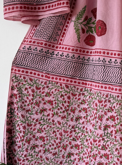 Blush Pink Bagru Print Cotton Saree with Floral Jaal Design