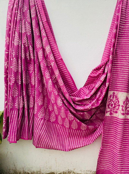 Pink Blossom Bagru Handblock Printed Cotton Saree