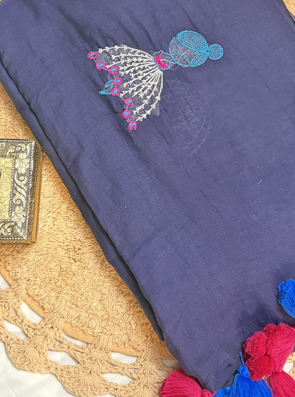 Navy Mul Cotton Saree with Doll Embroidery & Contrast Tassels