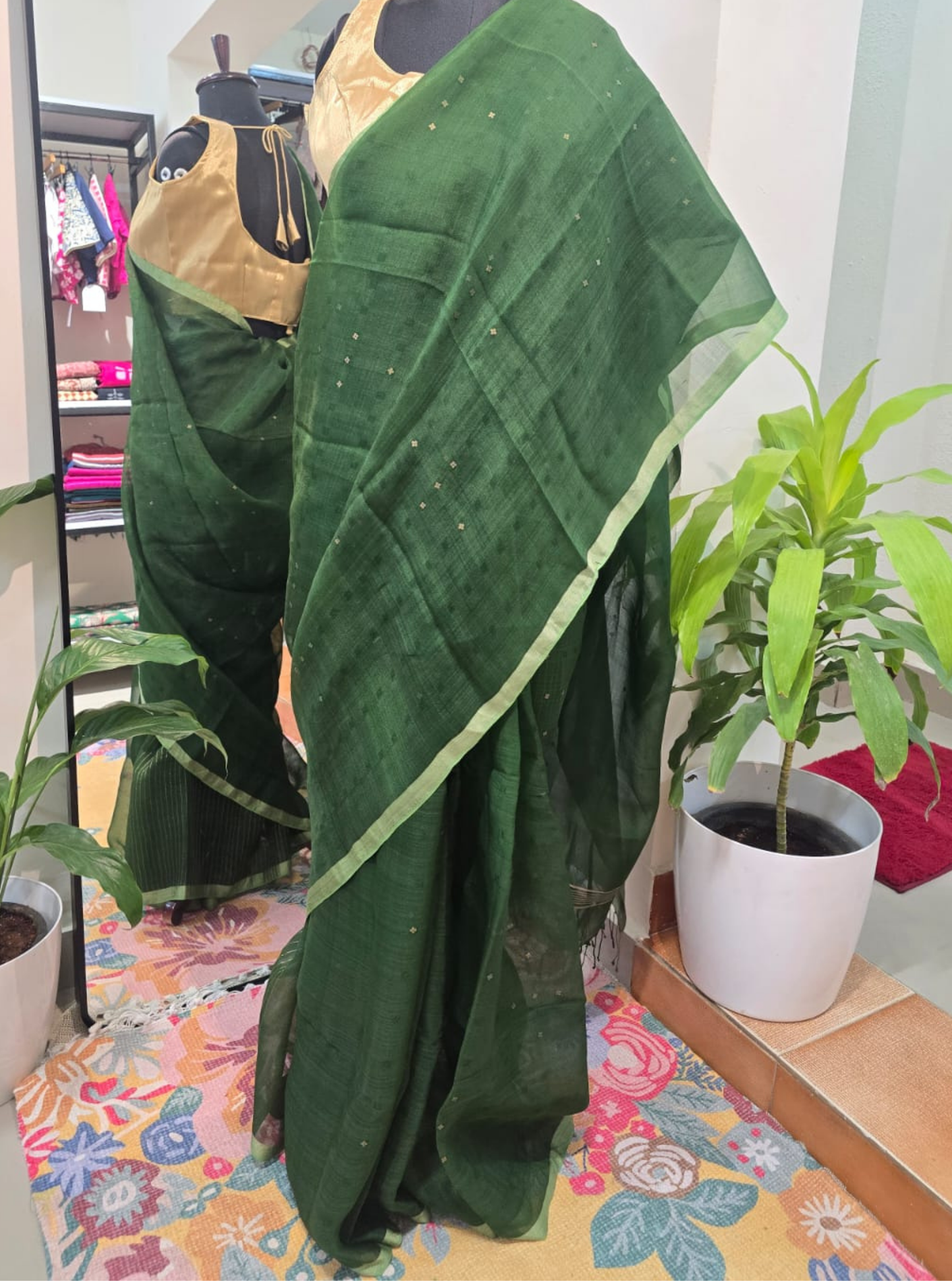 Deep Green Pure Kora Silk Saree with Subtle Sequin Work
