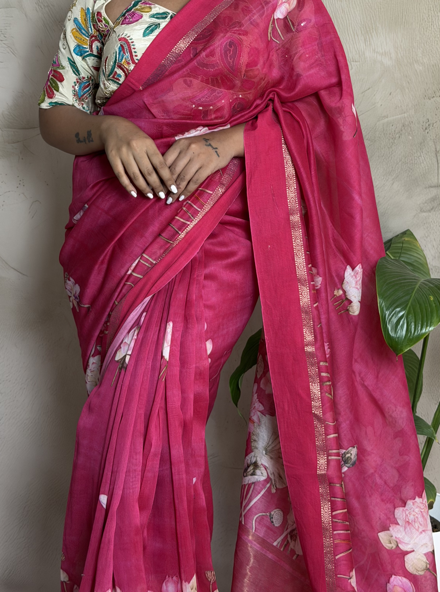 Rani Pink Chanderi Silk Saree with Floral Digital Print