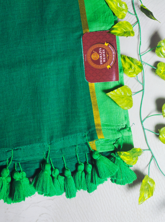 Elegant Green Mul Cotton Saree with Golden Border & Tassel Pallu