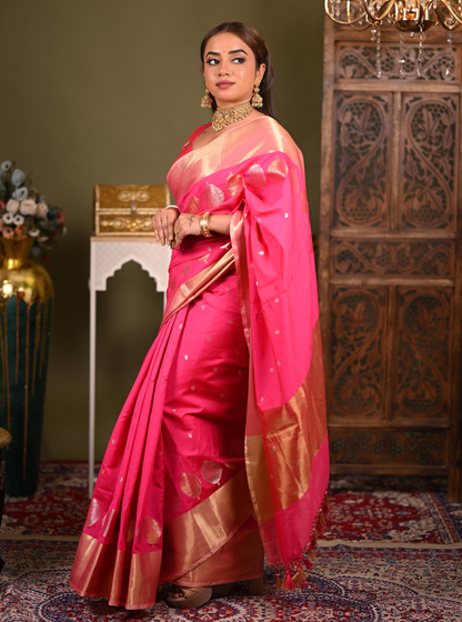 Royal Pink Mango Silk Banarasi Saree with Gold Zari Motifs