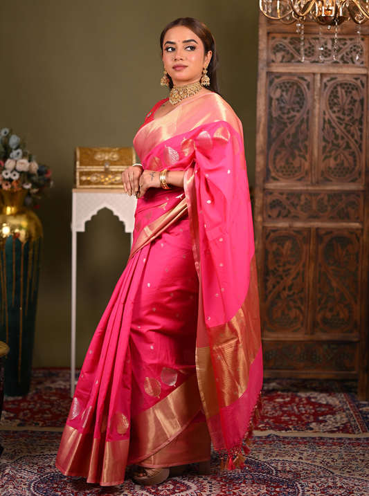 Royal Pink Mango Silk Banarasi Saree with Gold Zari Motifs