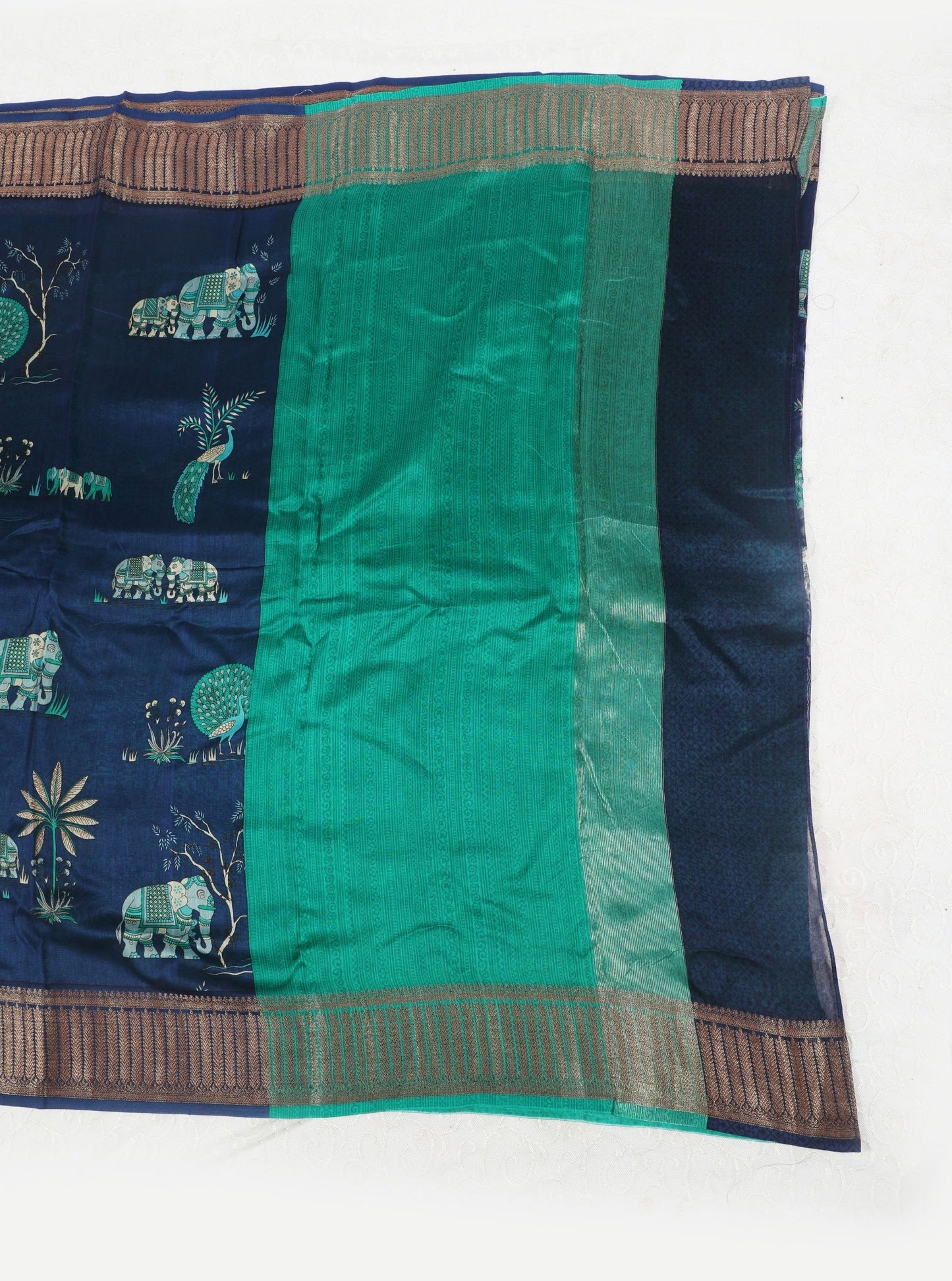 Navy Blue Chanderi Silk Saree with Teal Floral Motifs & Antique Zari Border