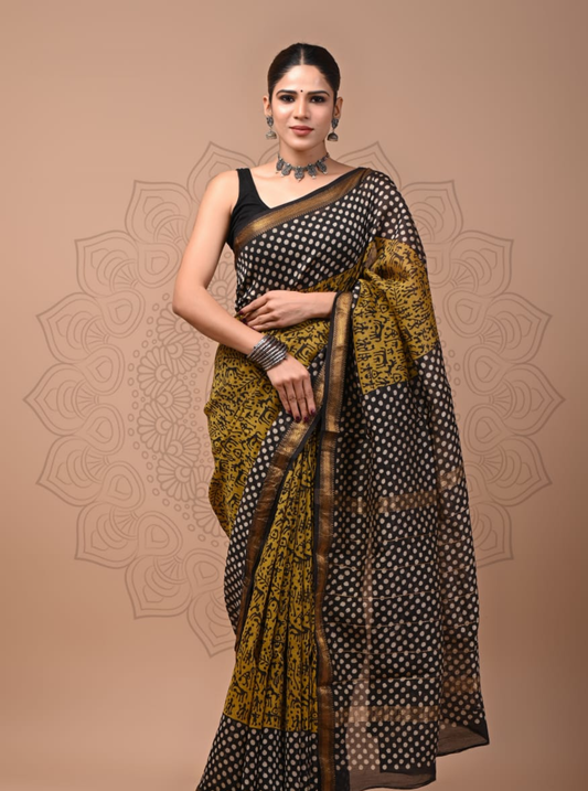 Black & Mustard Maheshwari Silk Saree with Polka Dots and Handcrafted Motifs