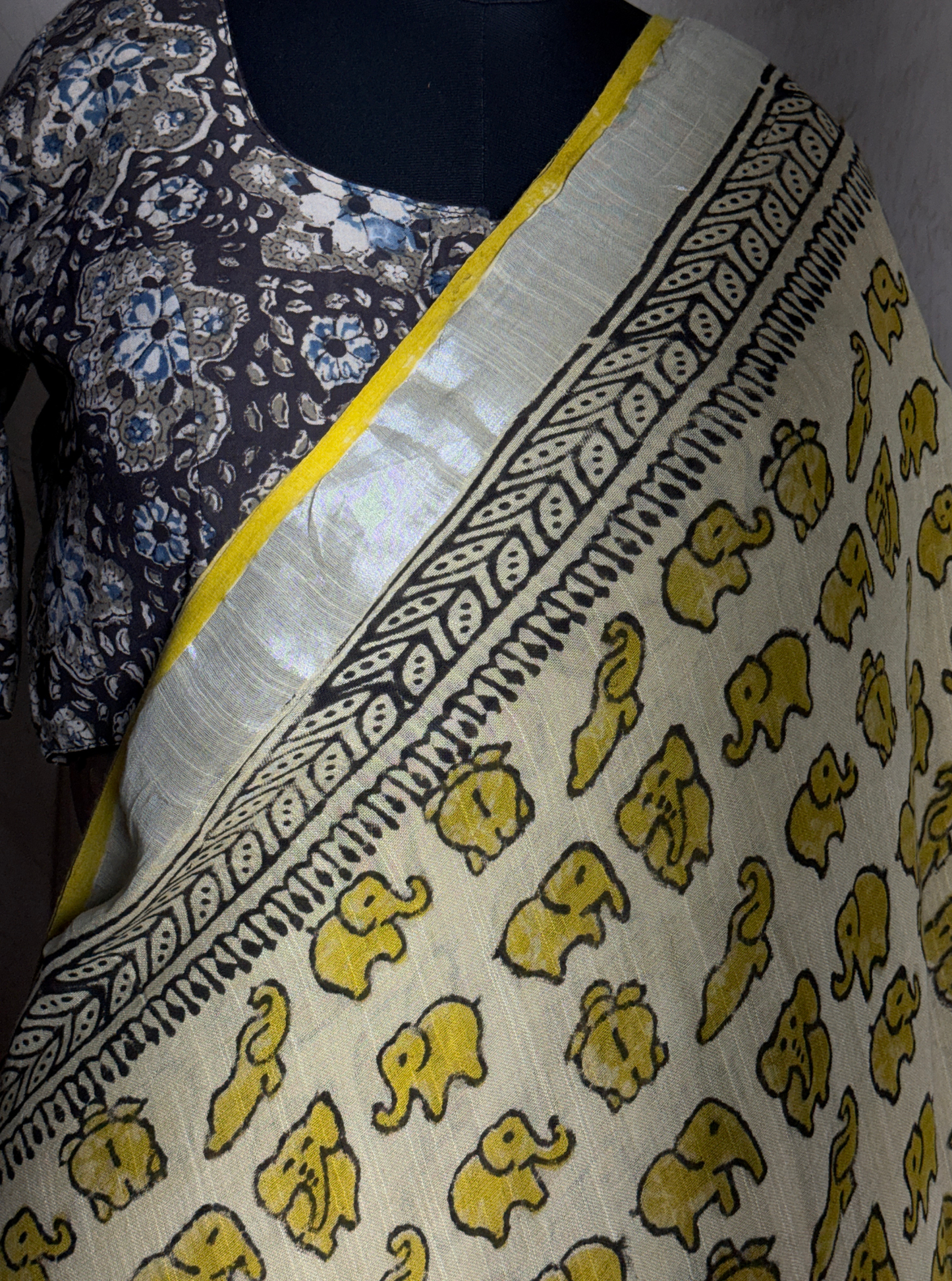 Ivory Lenin Cotton Saree with Yellow Elephant Motifs & Ethnic Border