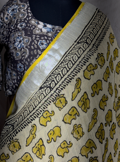 Ivory Lenin Cotton Saree with Yellow Elephant Motifs & Ethnic Border