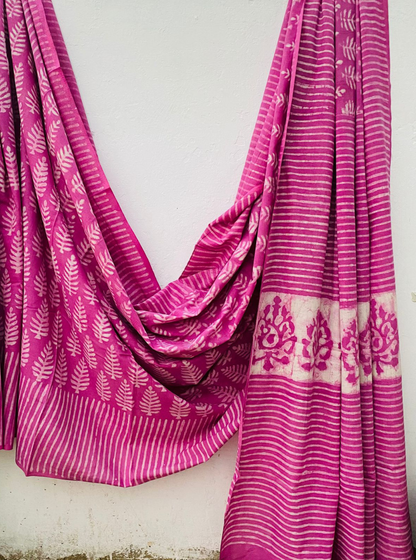 Pink Blossom Bagru Handblock Printed Cotton Saree