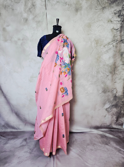 Blush Pink Cotton Designer Saree with Handcrafted Floral Art