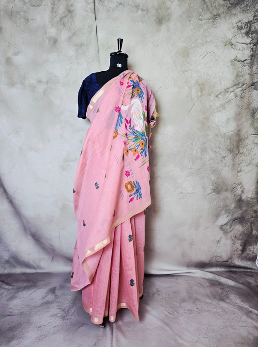 Blush Pink Cotton Designer Saree with Handcrafted Floral Art