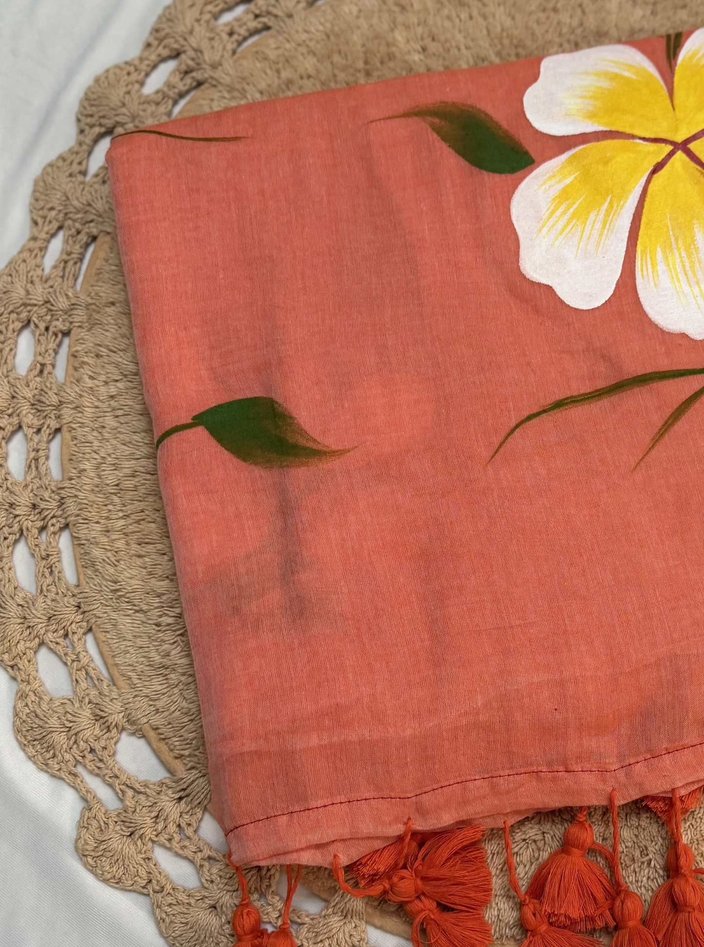 Peach Mul Cotton Saree with Hand-Painted Floral Design & Tassel Finish