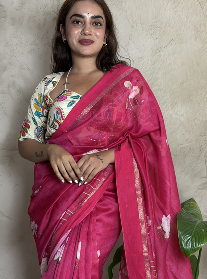 Rani Pink Chanderi Silk Saree with Floral Digital Print
