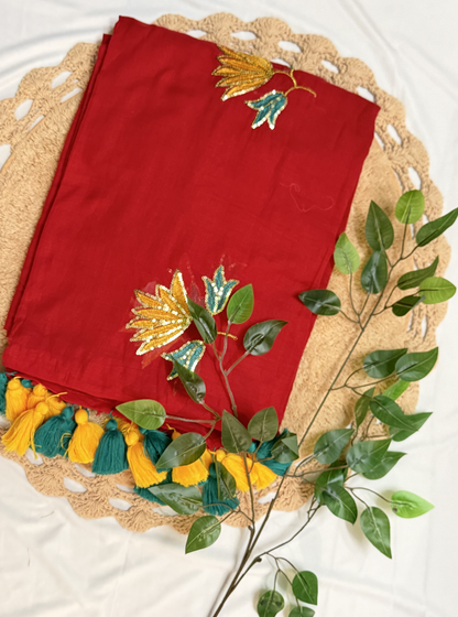Red Mul Cotton Saree with Sequin Floral Embroidery & Contrast Tassels