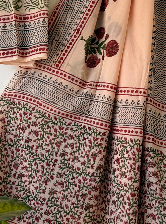 Elegant Off-White Bagru Print Cotton Saree with Floral Jaal