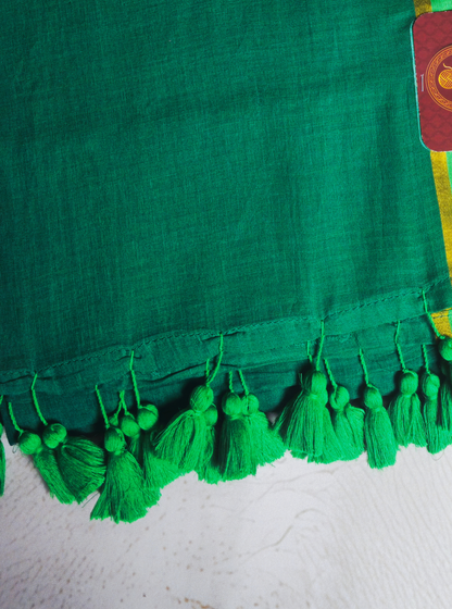 Elegant Green Mul Cotton Saree with Golden Border & Tassel Pallu