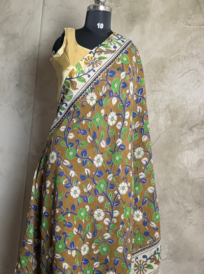 Earthy Brown Kota Cotton Saree with Floral Vine Motifs & Ivory Border