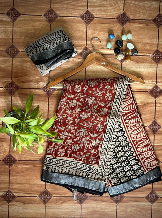 egant Red & Black Linen Saree with Handcrafted Floral Prints