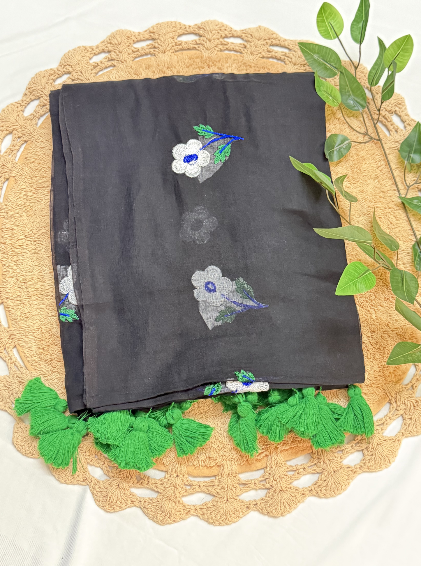 Midnight Black Mul Cotton Saree with Floral Butti & Green Tassels