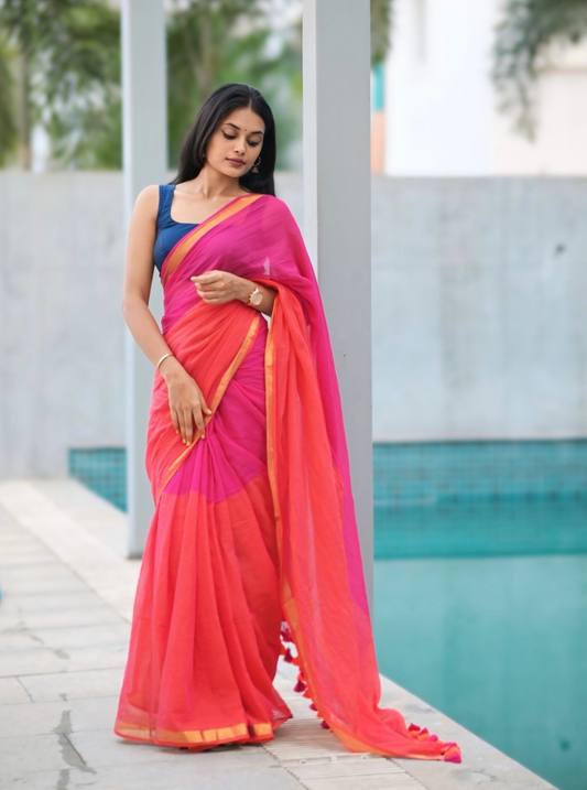 Dual Tone Pink & Orange Mul Cotton Saree with Contrast Border