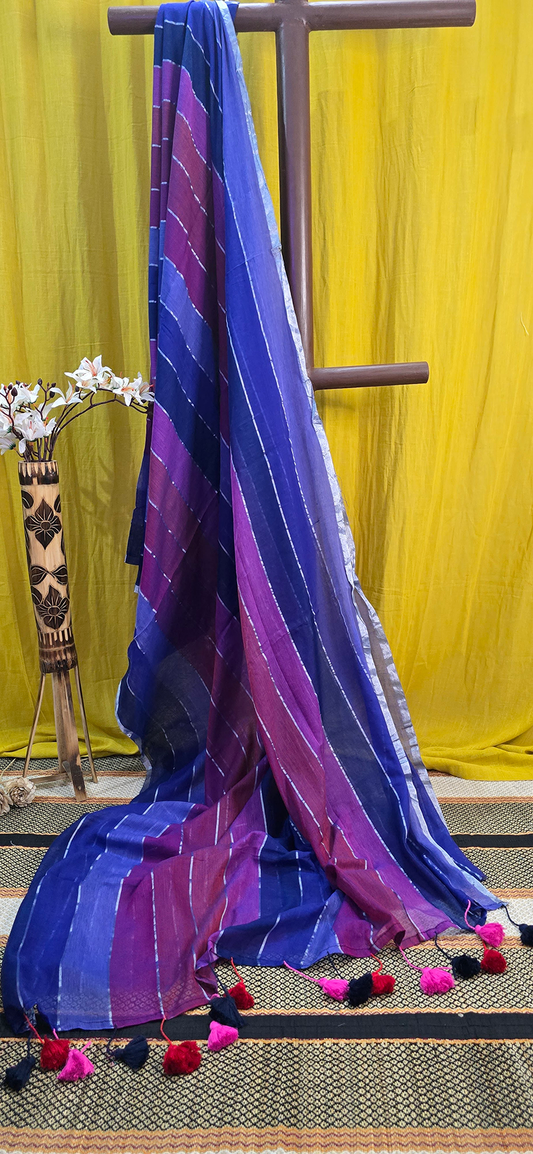 Stylish Blue and Pink Mul Cotton Saree with Zari Tissue Lines for Festive & Daily Wear