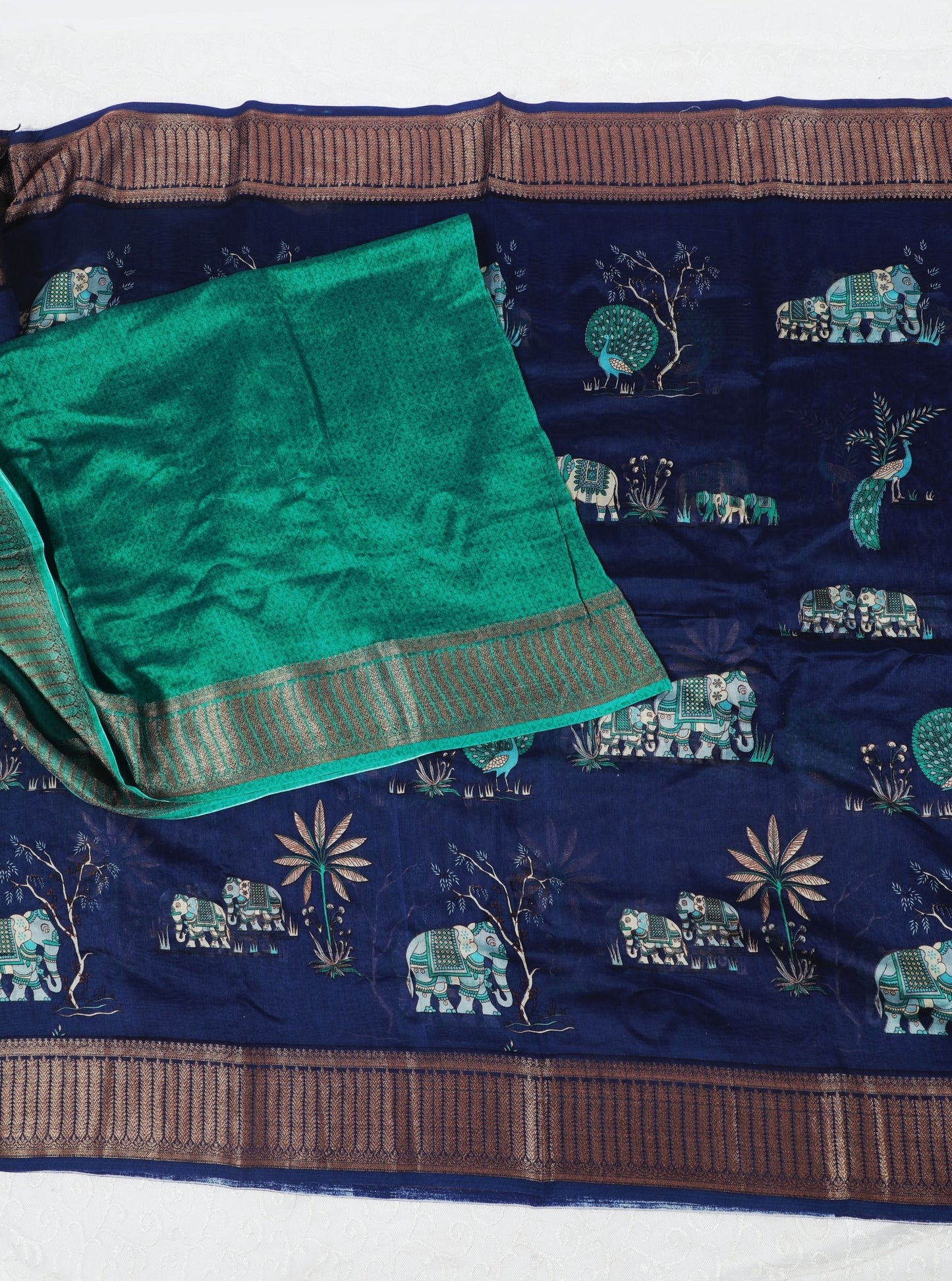 Navy Blue Chanderi Silk Saree with Teal Floral Motifs & Antique Zari Border
