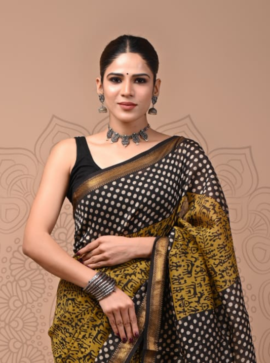 Black & Mustard Maheshwari Silk Saree with Polka Dots and Handcrafted Motifs