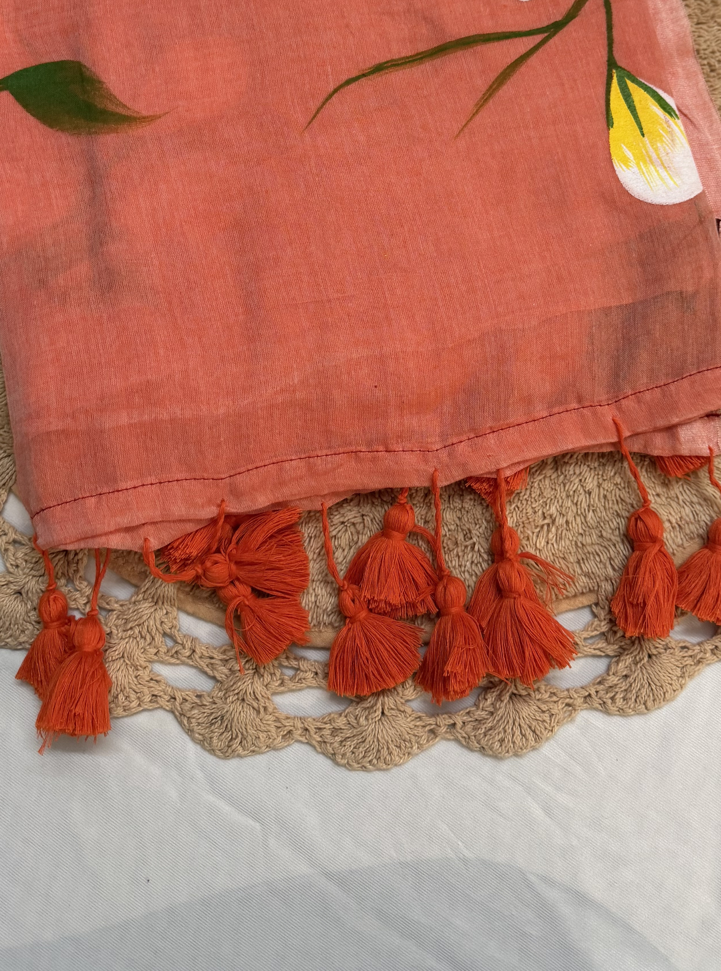 Peach Mul Cotton Saree with Hand-Painted Floral Design & Tassel Finish