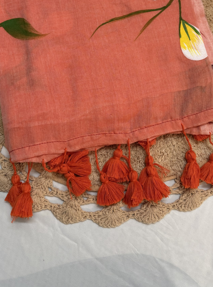 Peach Mul Cotton Saree with Hand-Painted Floral Design & Tassel Finish