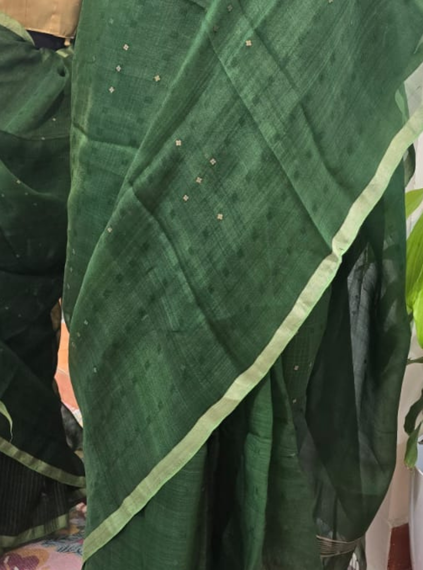 Deep Green Pure Kora Silk Saree with Subtle Sequin Work