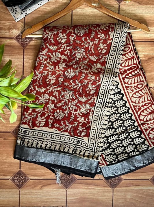 egant Red & Black Linen Saree with Handcrafted Floral Prints