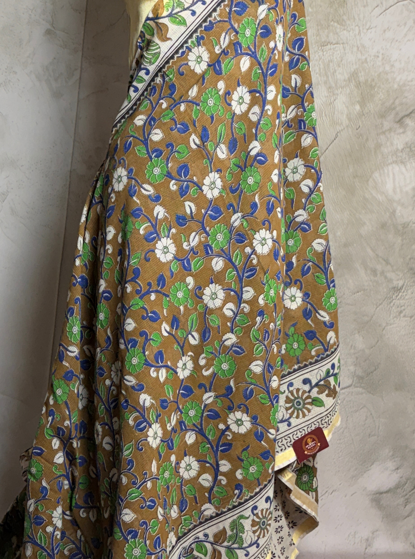 Earthy Brown Kota Cotton Saree with Floral Vine Motifs & Ivory Border
