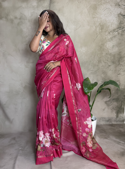 Rani Pink Chanderi Silk Saree with Floral Digital Print