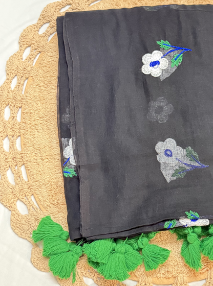 Midnight Black Mul Cotton Saree with Floral Butti & Green Tassels