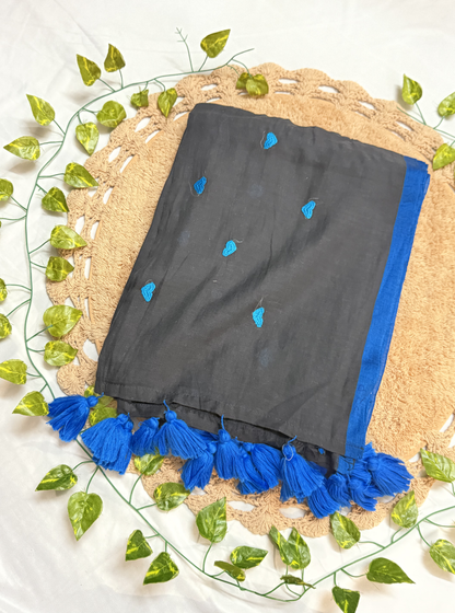 Midnight Black Mul Cotton Saree with Blue Heart Motifs & Tassels