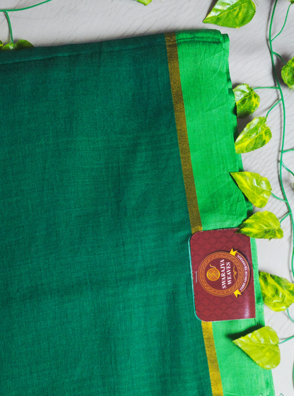 Elegant Green Mul Cotton Saree with Golden Border & Tassel Pallu