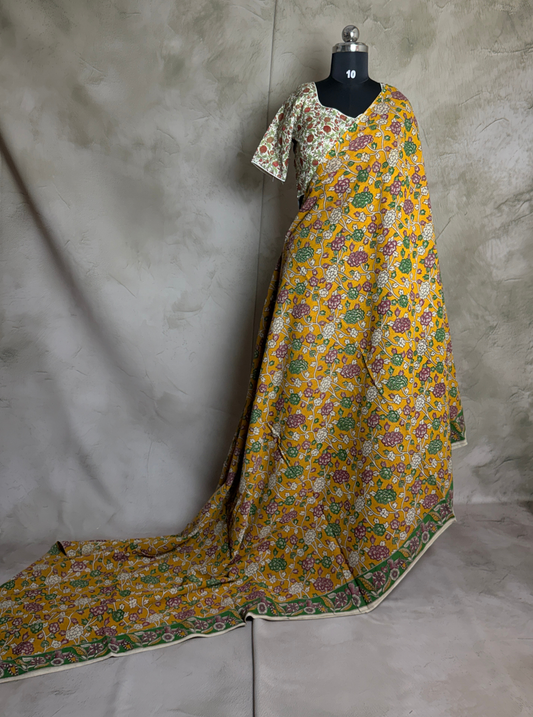 Mustard Yellow Cotton Kalamkari Saree with Floral Vine Motifs