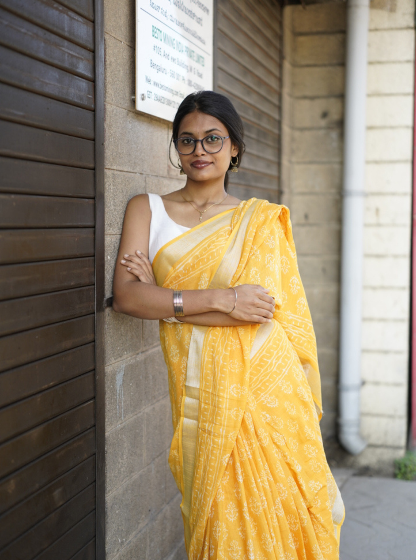 Sunshine Yellow Hand-Printed Linen Cotton Saree with Classic Borders