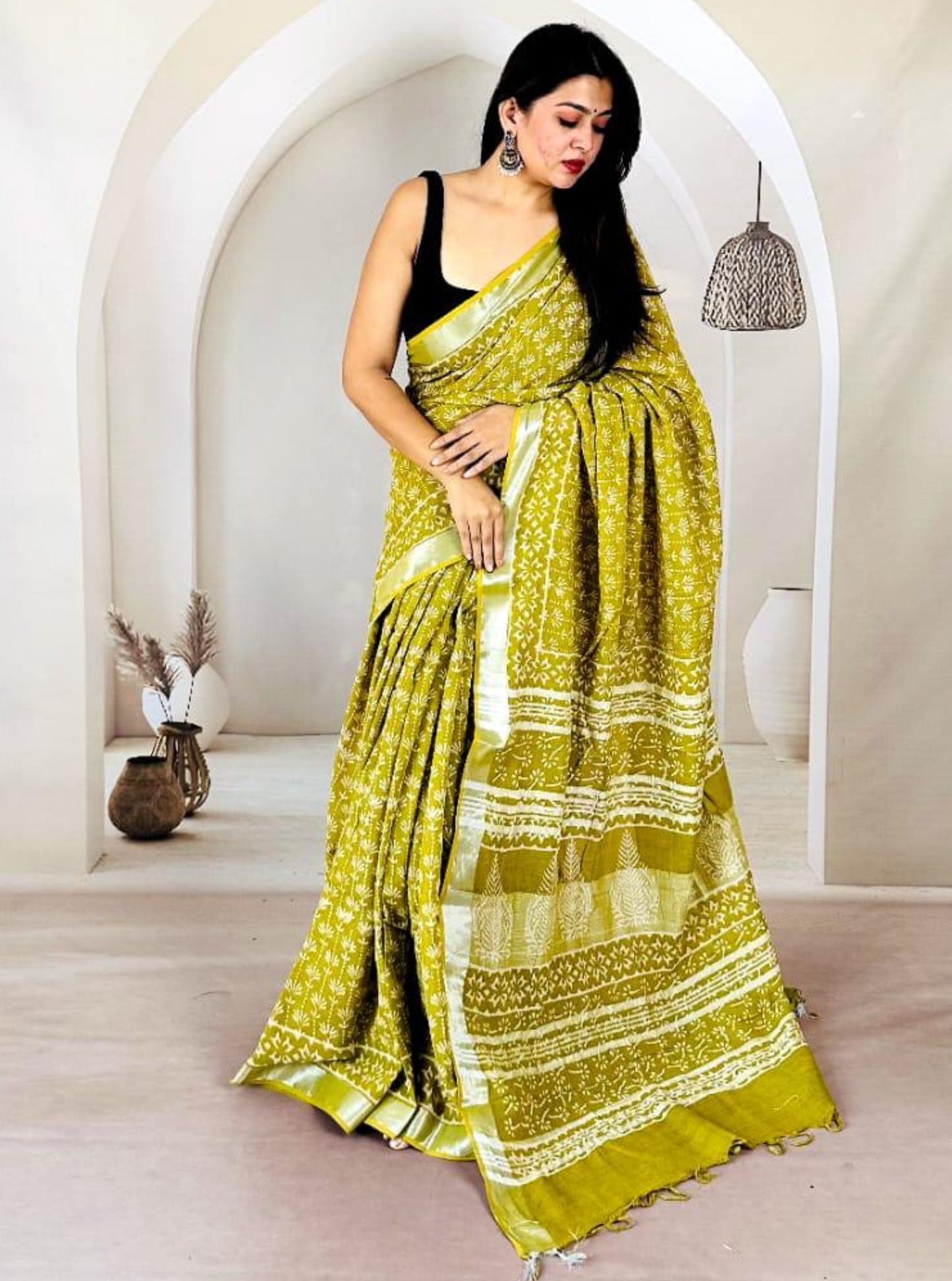 Mustard Yellow Hand-Printed Linen Cotton Saree with Silver Border