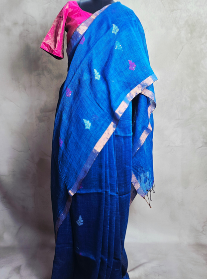 Royal Blue Linen Cotton Saree with Subtle Motifs